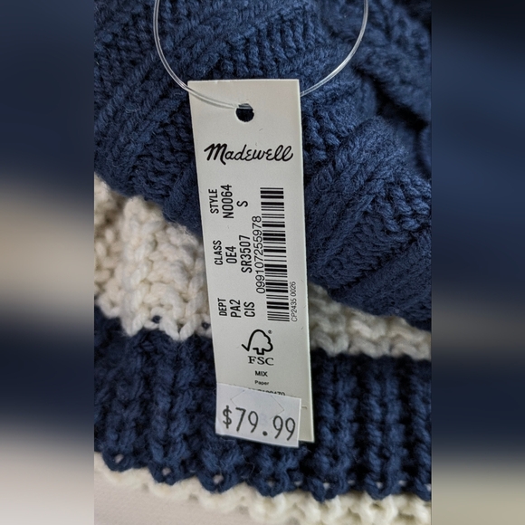 Madewell Wide Rib Turtleneck Crop Sweater New Sz S Oversized Striped Blue Cream - Picture 10 of 13